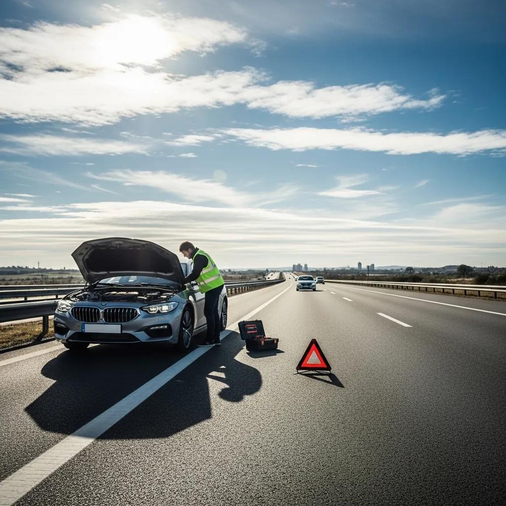 Car breakdown on highway with hazard lights activated, emphasizing safety measures